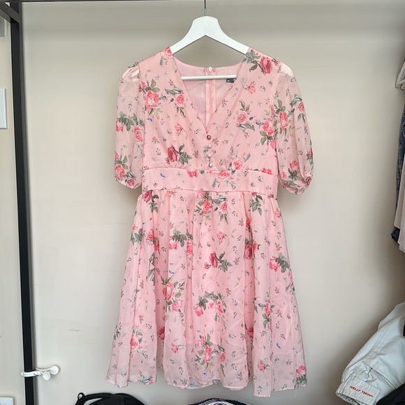 Pink Chiffon Floral V-Neck Dress with Puff Sleeves - Picture 9 of 9